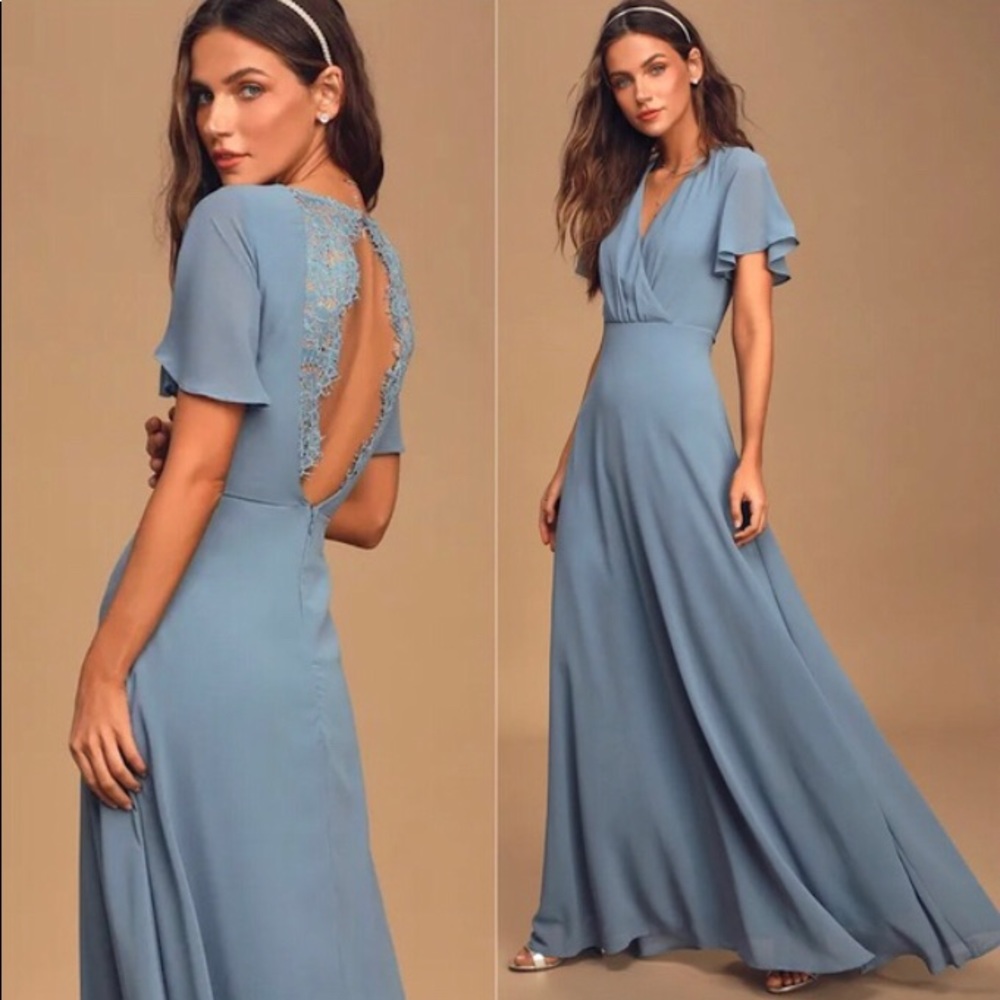 Lulu’s Slate Blue Lace Backless Maxi Dress NWT